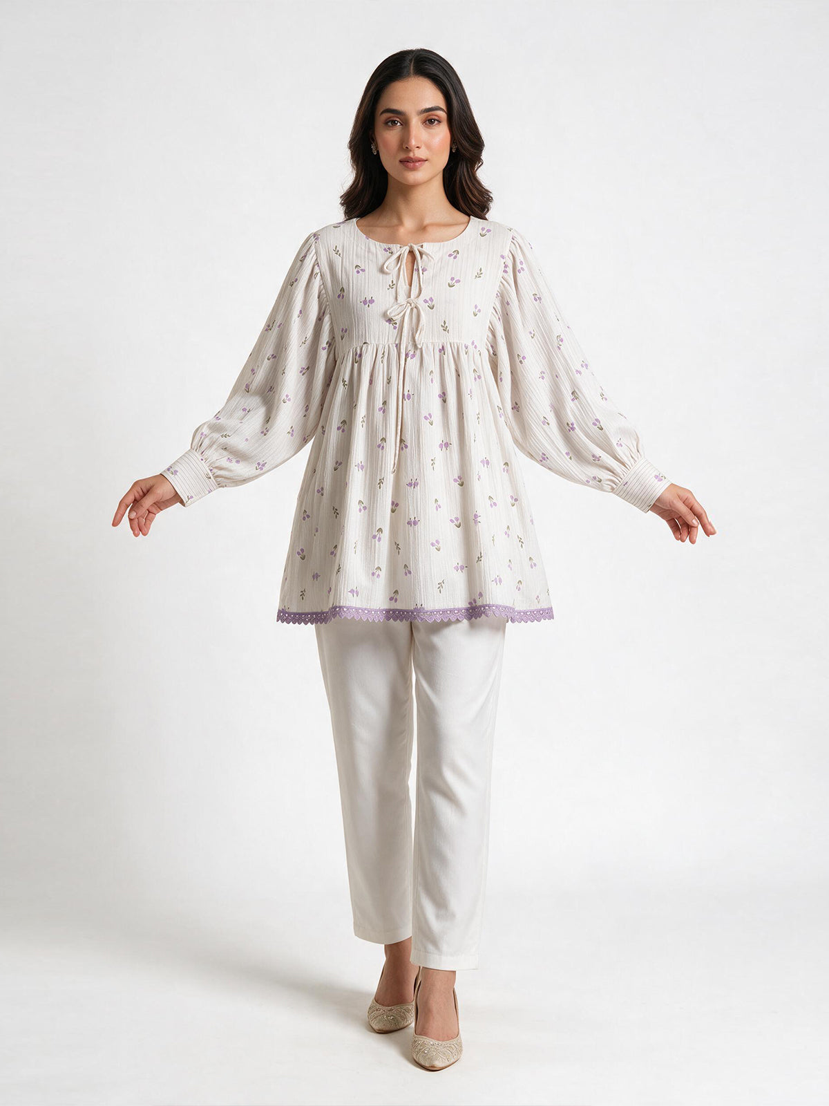 1Pc Printed Fusion Top Seer Sucker White & Purple - OWTP-2607009