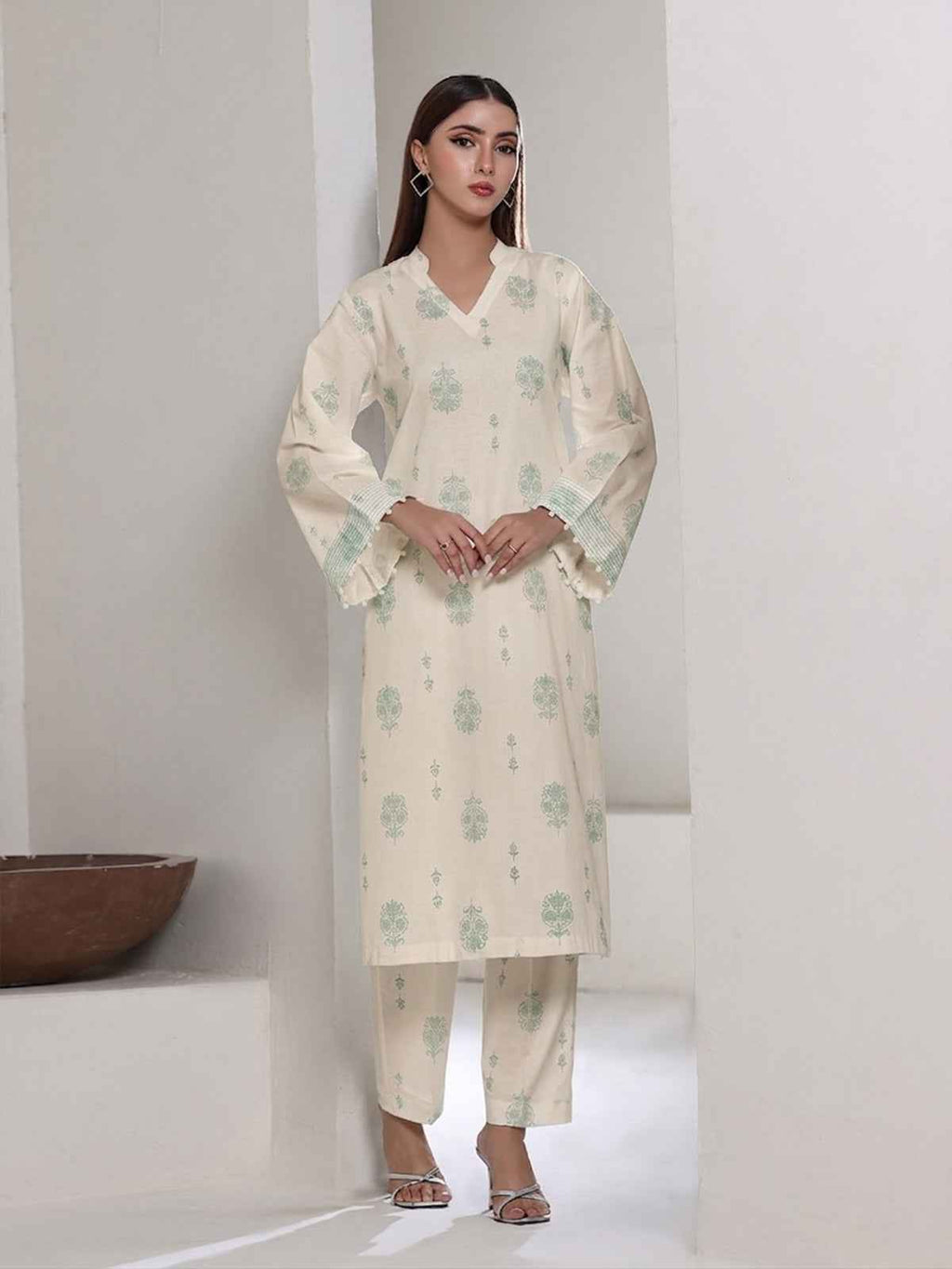 2Pc Screen Print Pret Shirt Trouser Dyed Cambric Off White & Green - OW2P-2508011