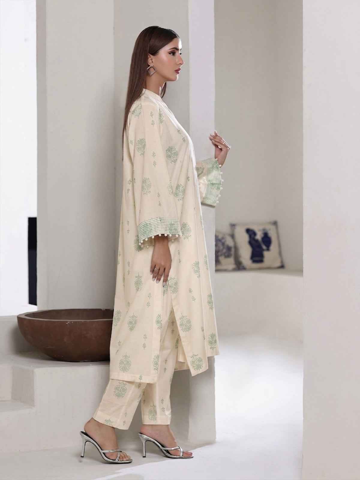 2Pc Screen Print Pret Shirt Trouser Dyed Cambric Off White & Green - OW2P-2508011