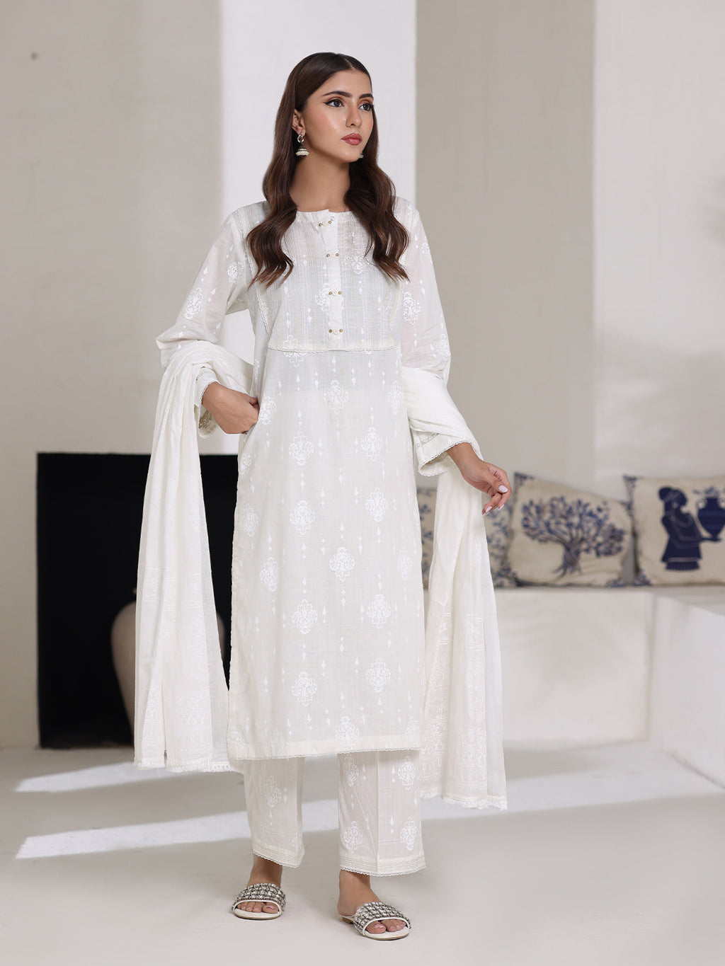 3Pc Screen Print Pret Suit Dyed Cambric White - OW3P-2508007