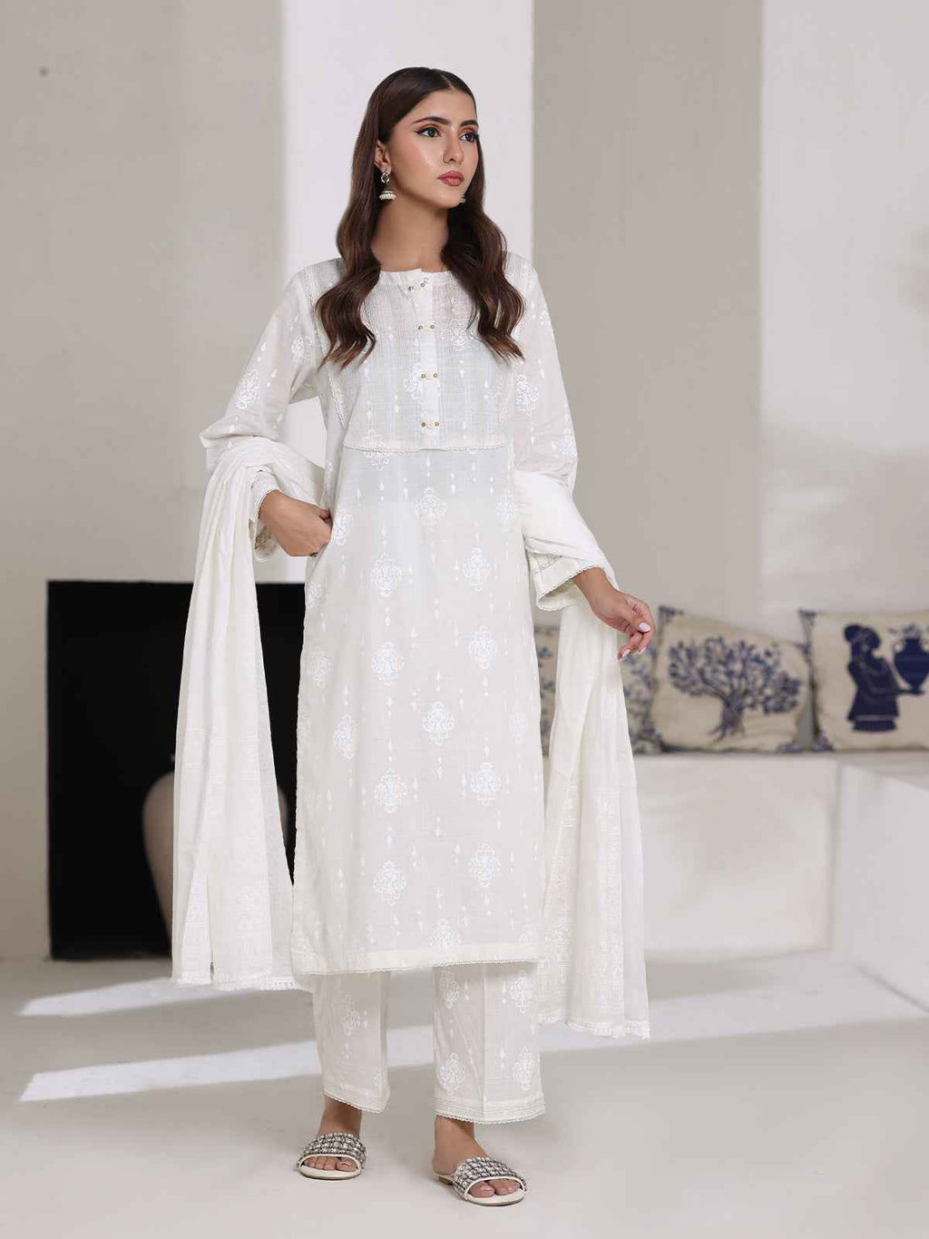 3Pc Screen Print Pret Suit Dyed Cambric White - OW3P-2508007