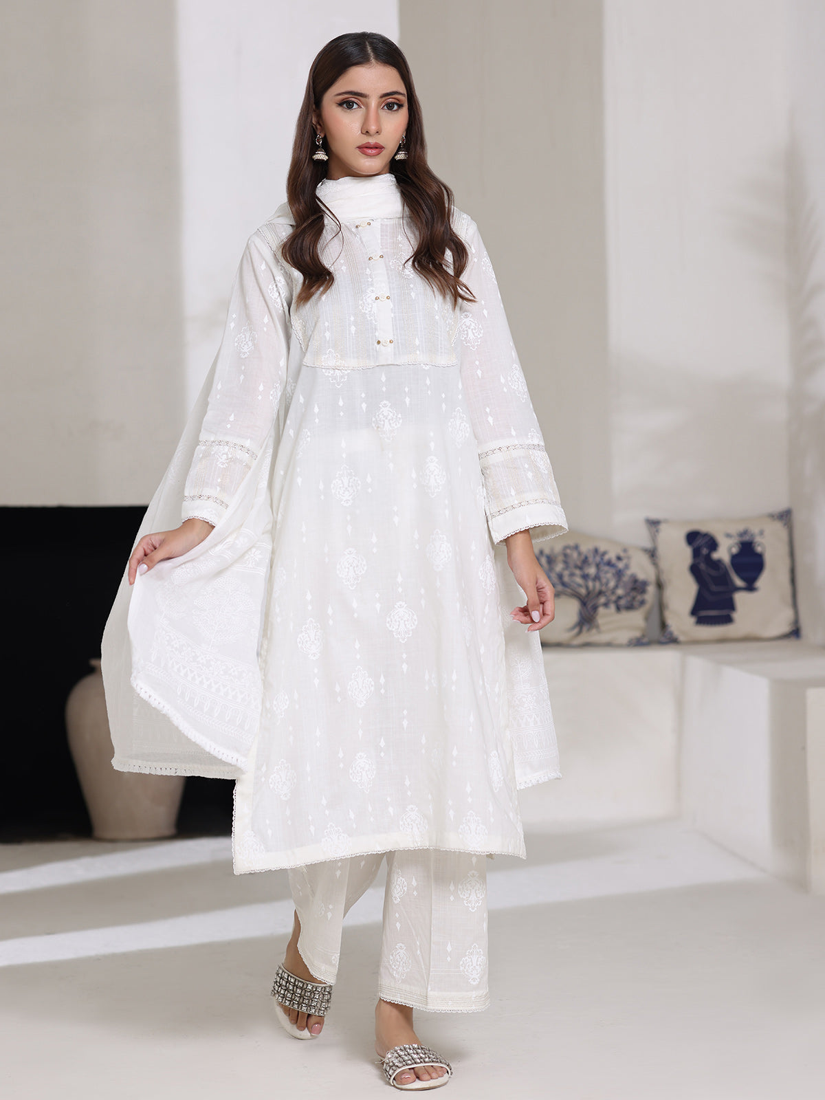 3Pc Screen Print Pret Suit Dyed Cambric White - OW3P-2508007