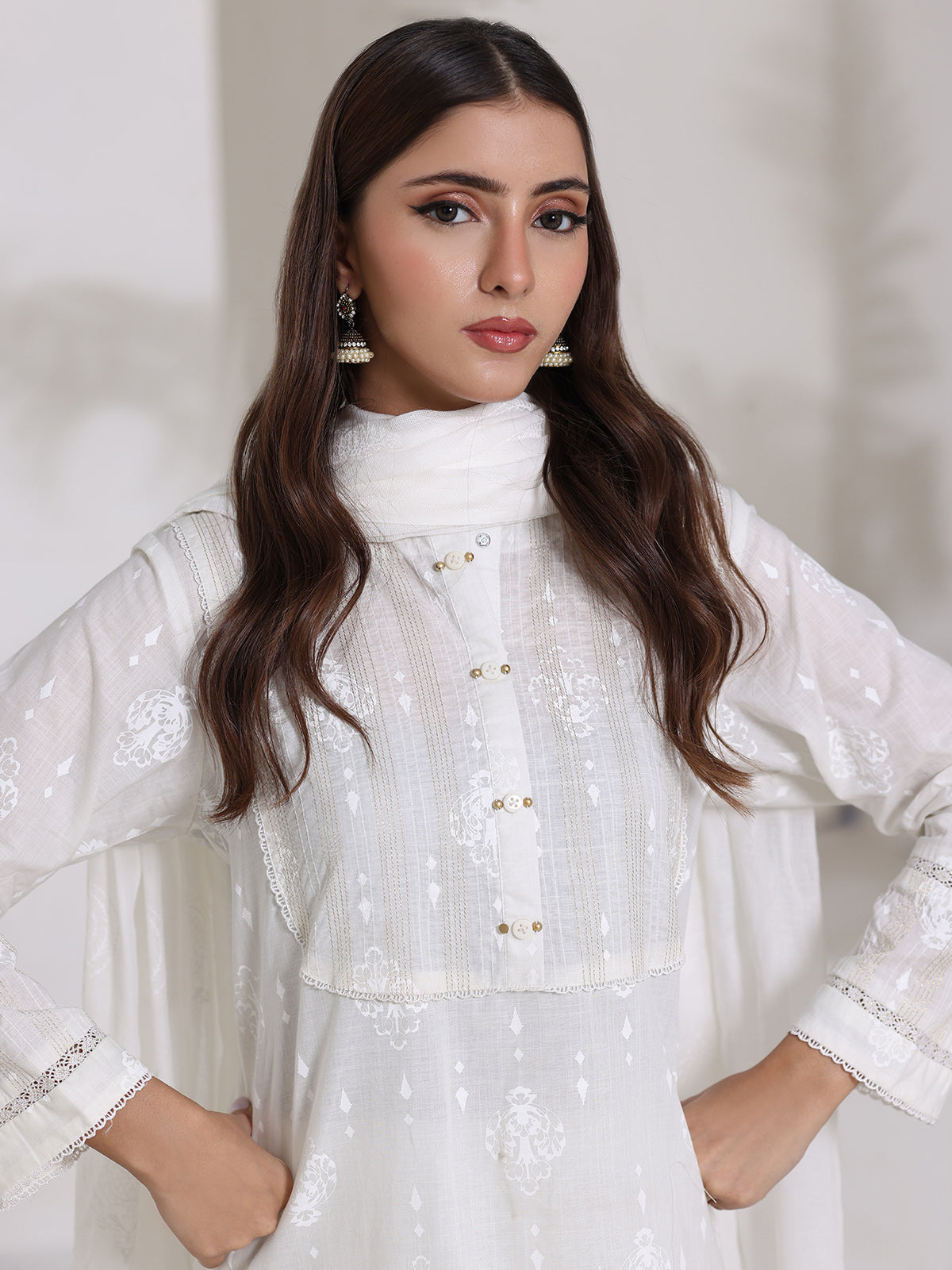 3Pc Screen Print Pret Suit Dyed Cambric White - OW3P-2508007