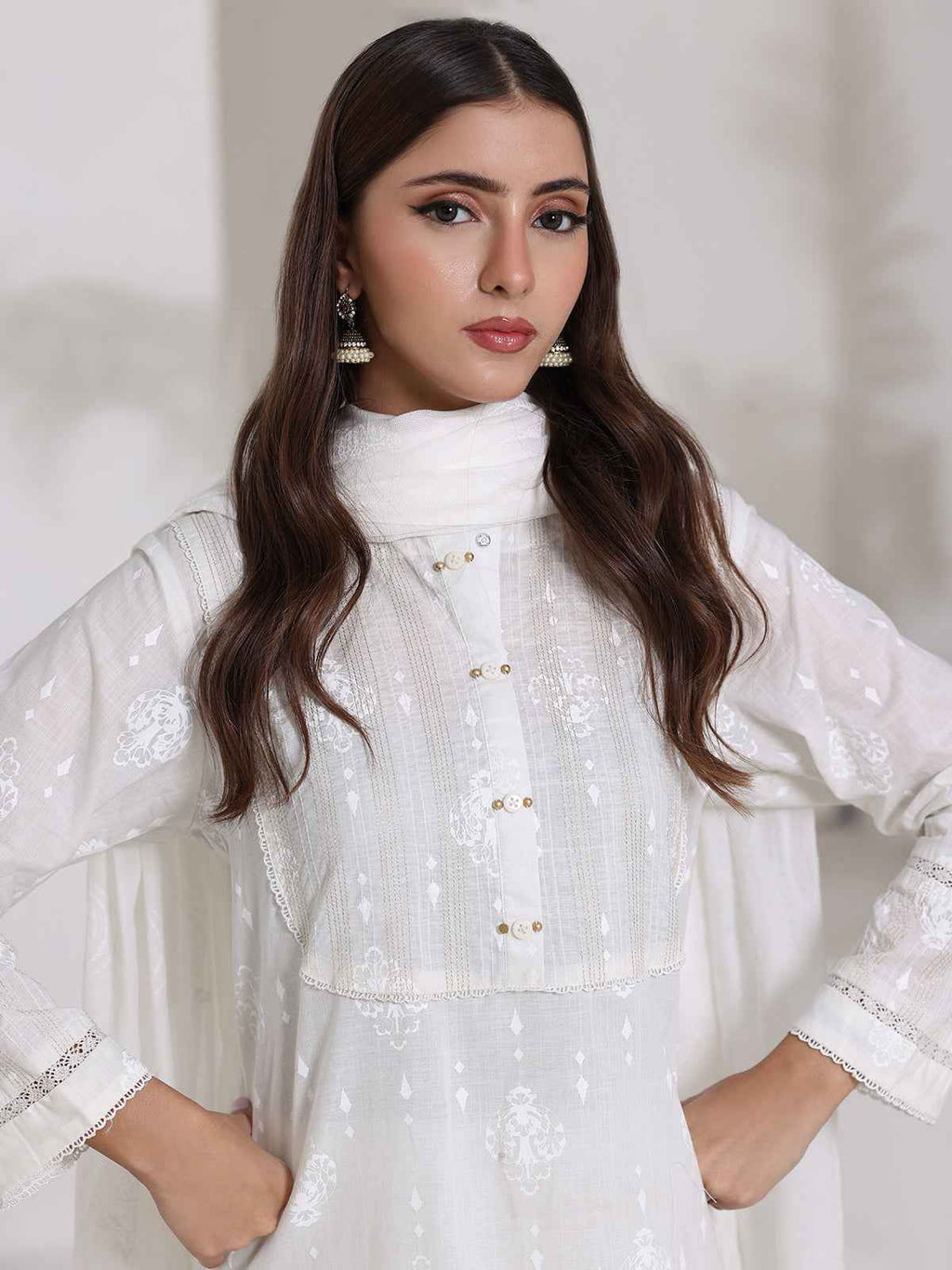 3Pc Screen Print Pret Suit Dyed Cambric White - OW3P-2508007