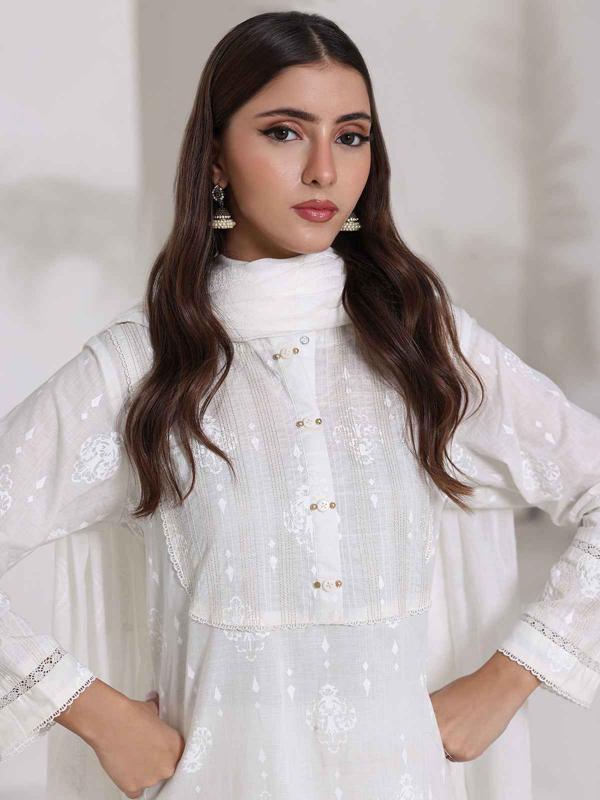 3Pc Screen Print Pret Suit Dyed Cambric White - OW3P-2508007