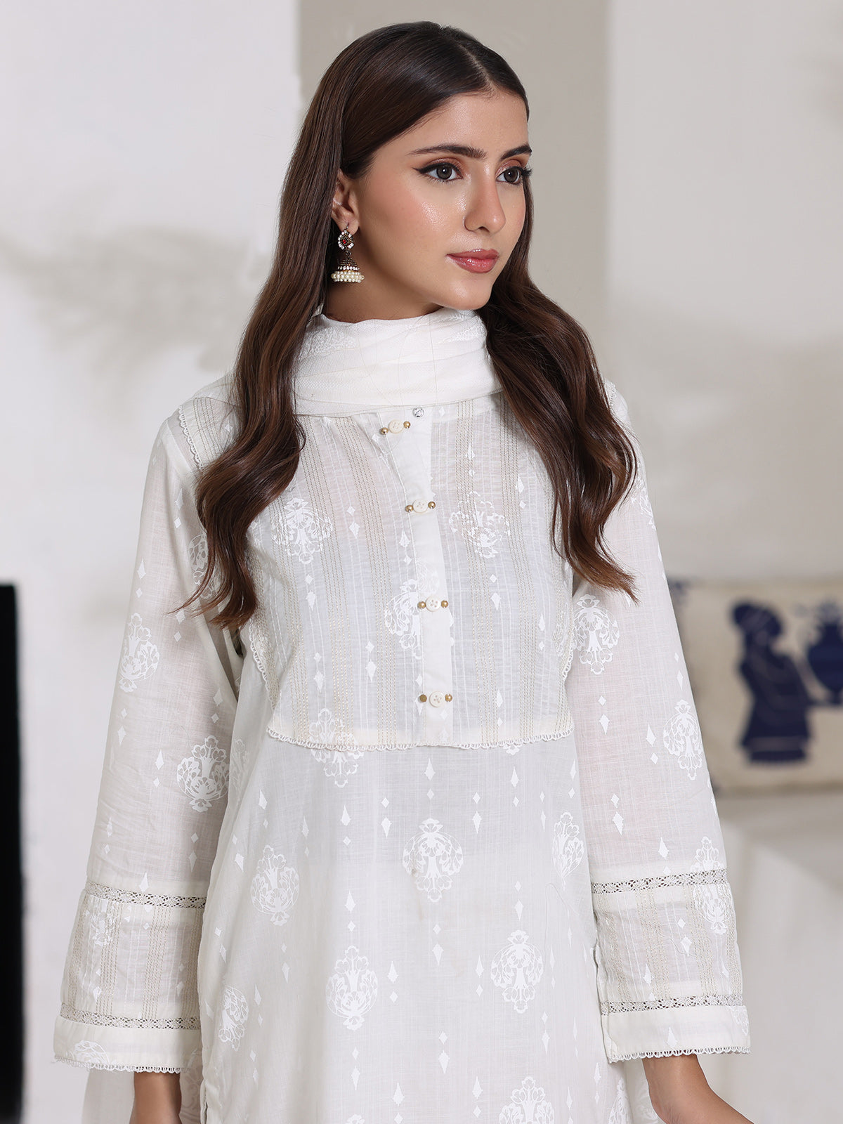 3Pc Screen Print Pret Suit Dyed Cambric White - OW3P-2508007