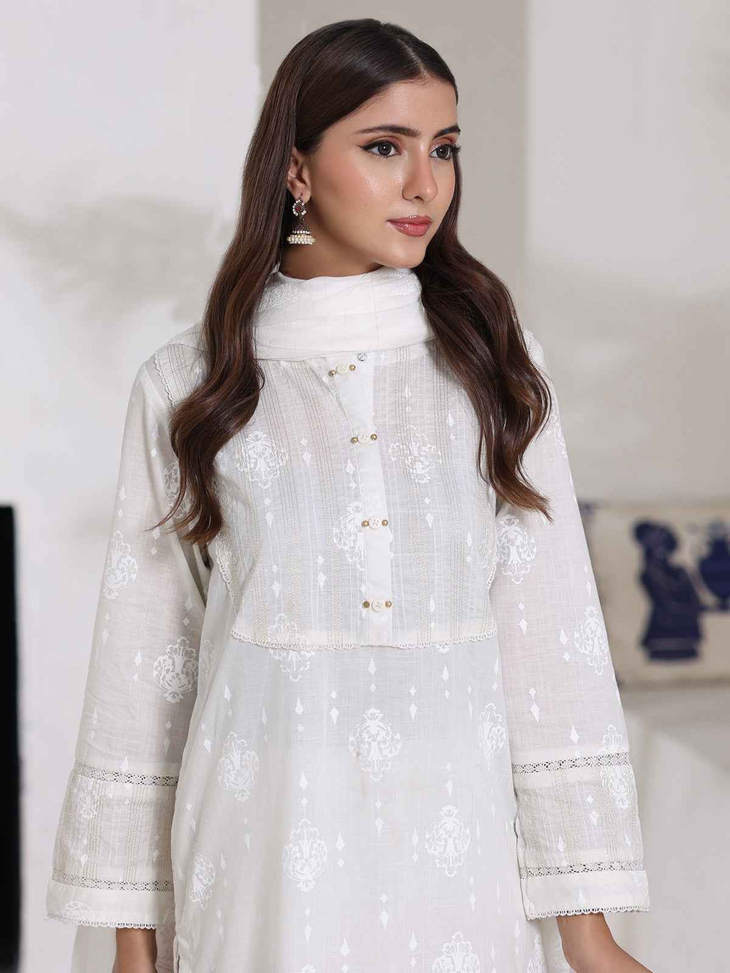 3Pc Screen Print Pret Suit Dyed Cambric White - OW3P-2508007