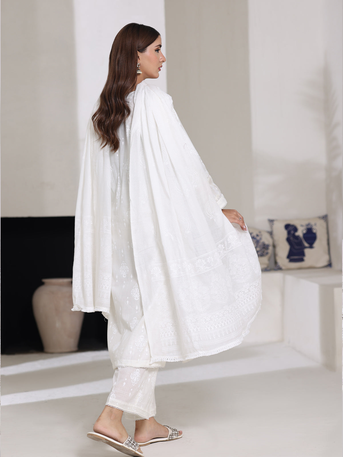 3Pc Screen Print Pret Suit Dyed Cambric White - OW3P-2508007