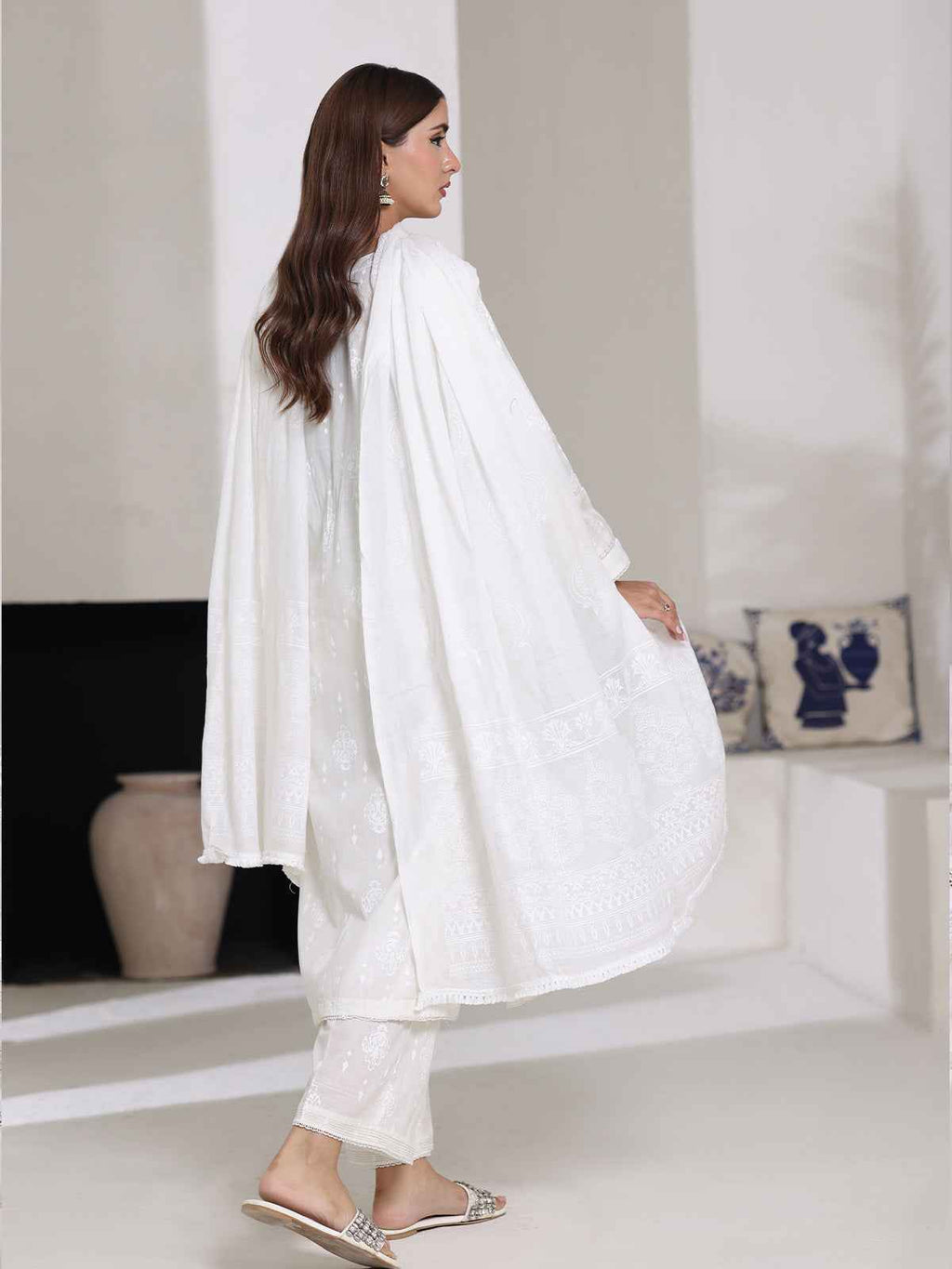 3Pc Screen Print Pret Suit Dyed Cambric White - OW3P-2508007
