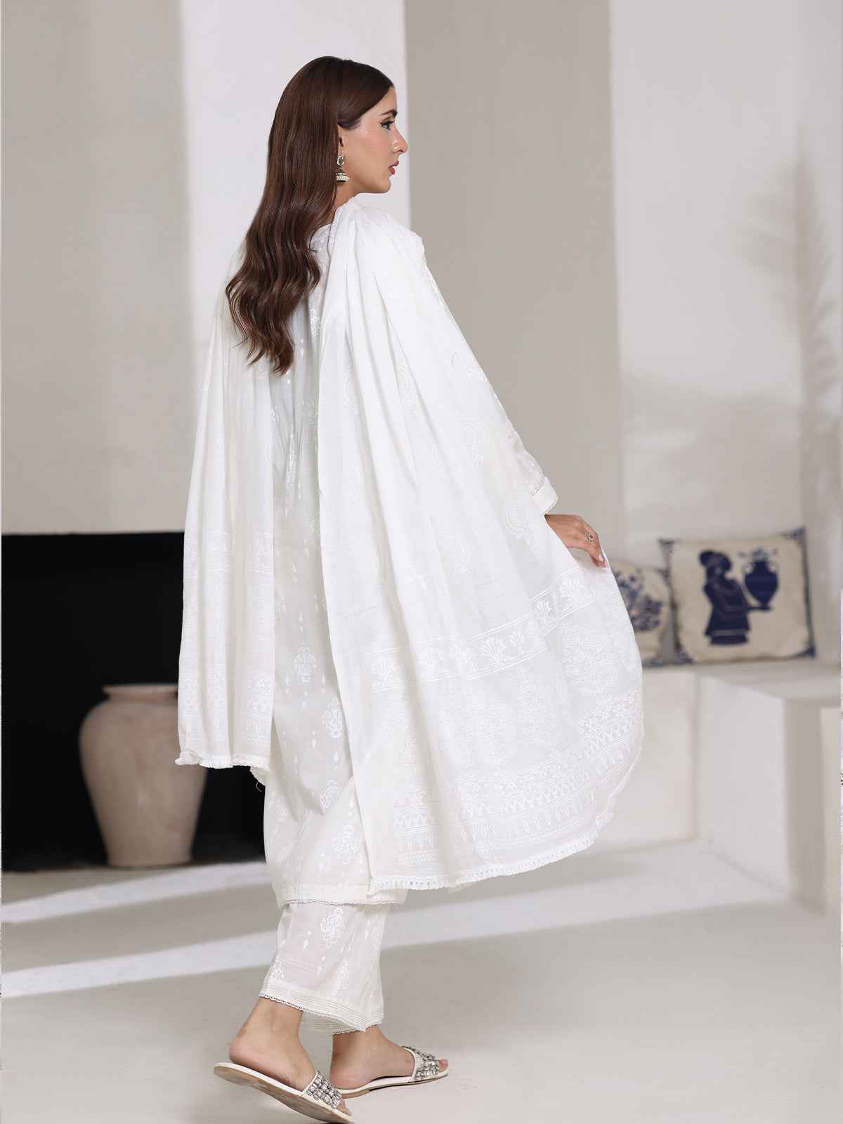 3Pc Screen Print Pret Suit Dyed Cambric White - OW3P-2508007