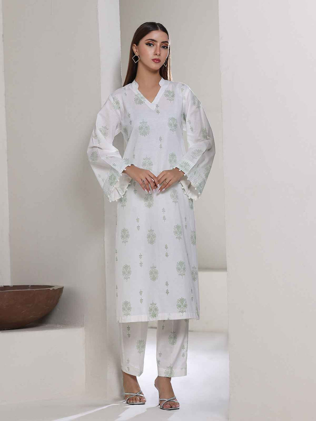 2Pc Screen Print Pret Shirt Trouser Dyed Cambric White & Green - OW2P-2508011