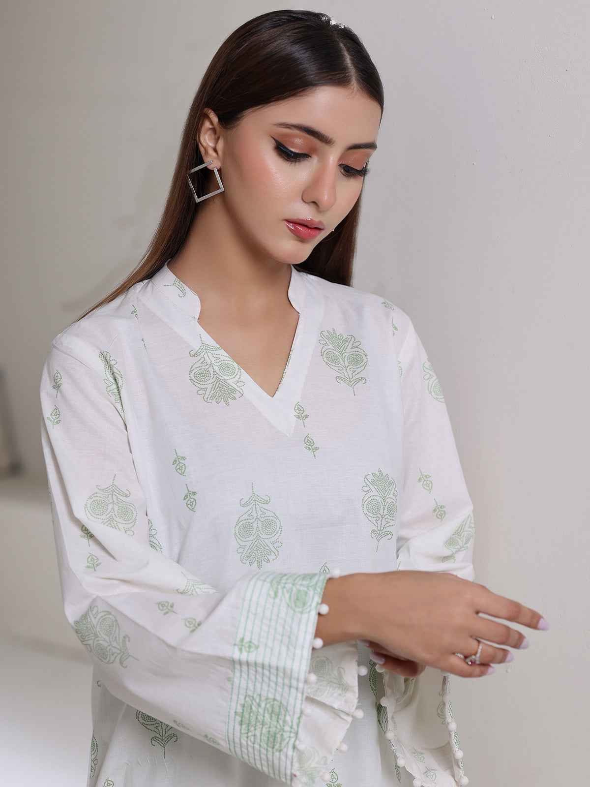 2Pc Screen Print Pret Shirt Trouser Dyed Cambric White & Green - OW2P-2508011