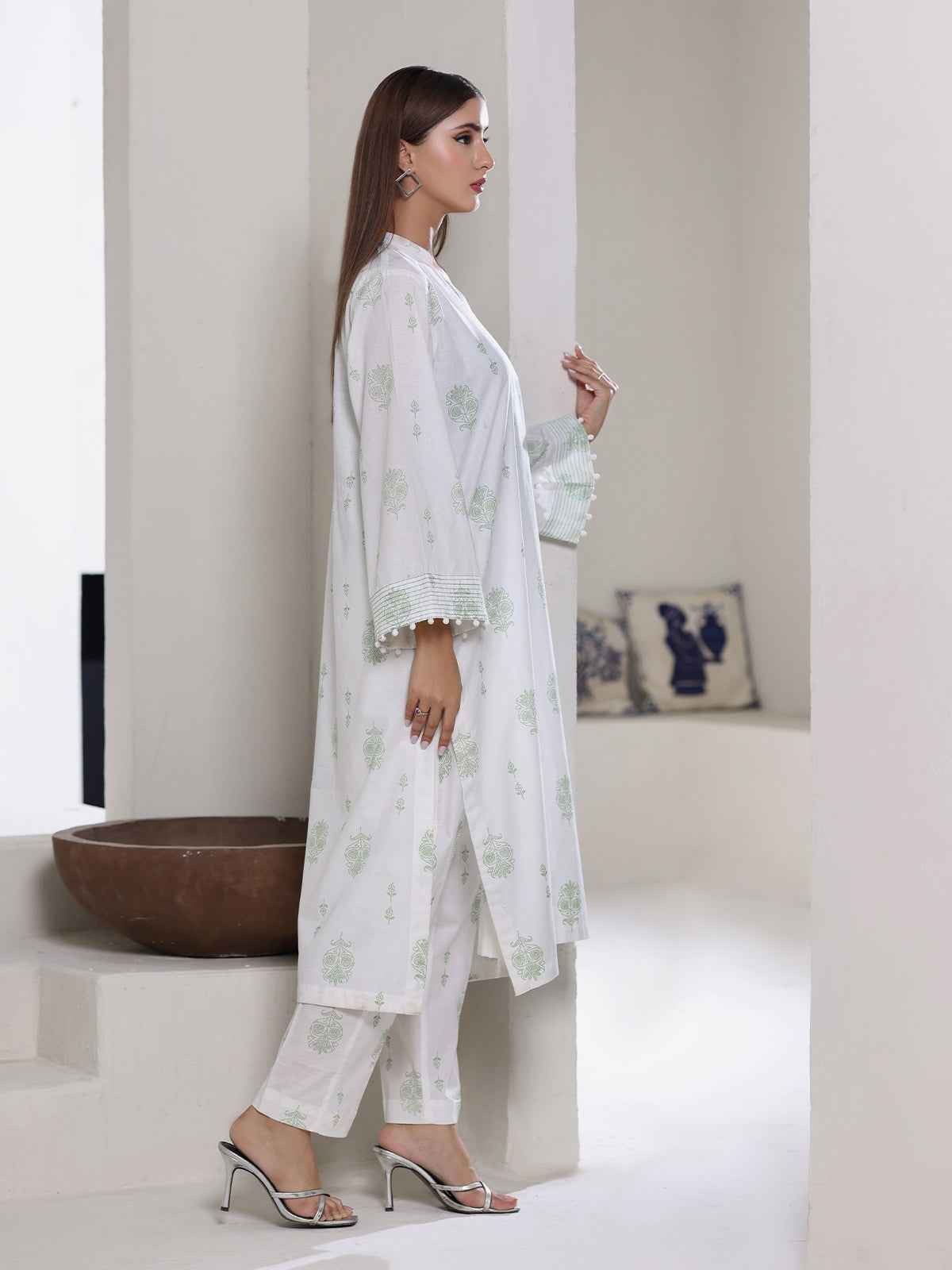 2Pc Screen Print Pret Shirt Trouser Dyed Cambric White & Green - OW2P-2508011