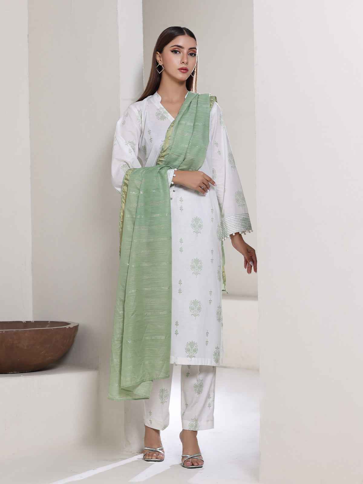 3Pc Screen Print Pret Suit Dyed Cambric White & Green - OW3P-2508011