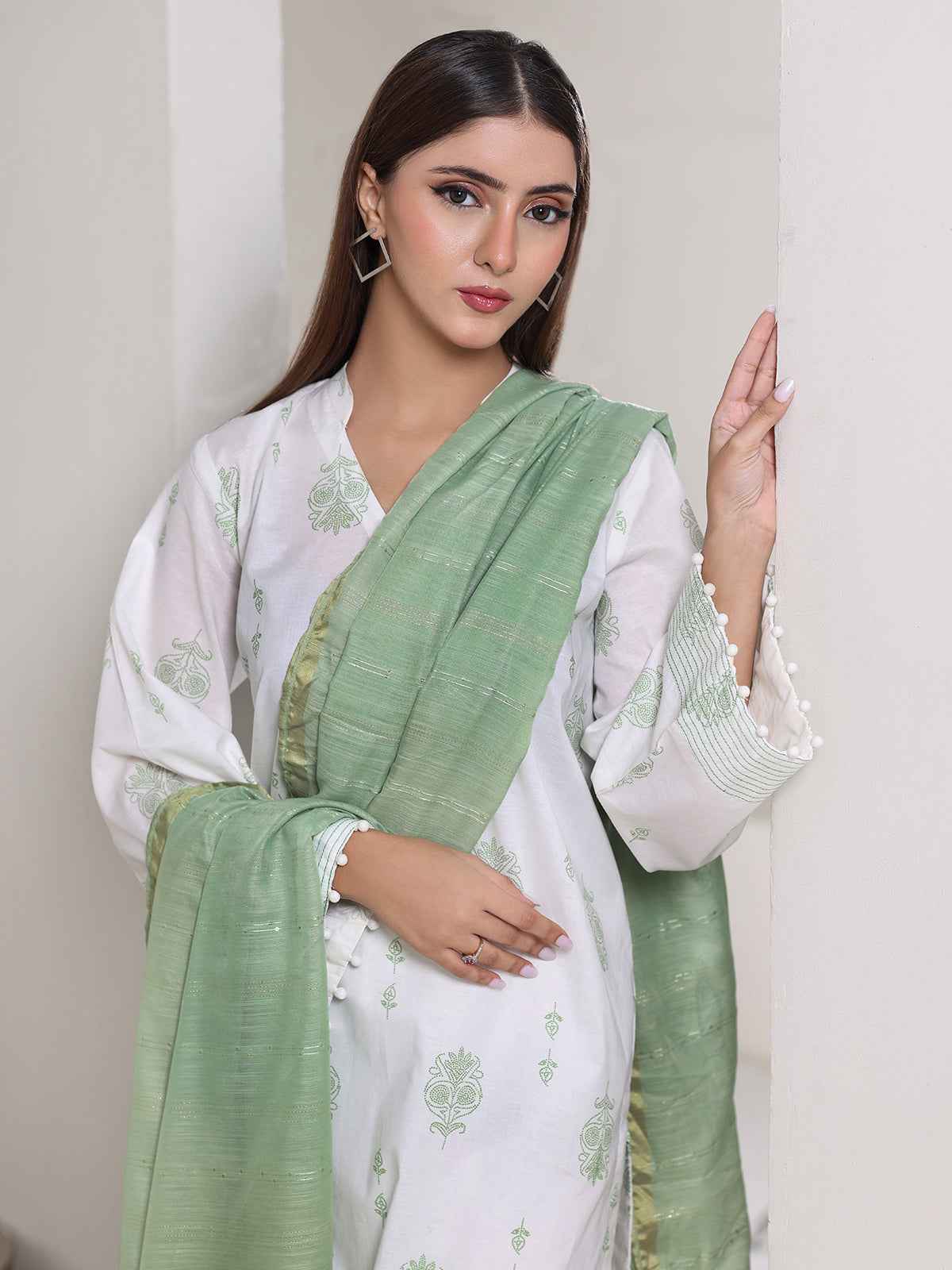 3Pc Screen Print Pret Suit Dyed Cambric White & Green - OW3P-2508011