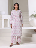 2Pc Screen Print Pret Shirt Trouser Dyed Cambric White & Pink - OW2P-2508013