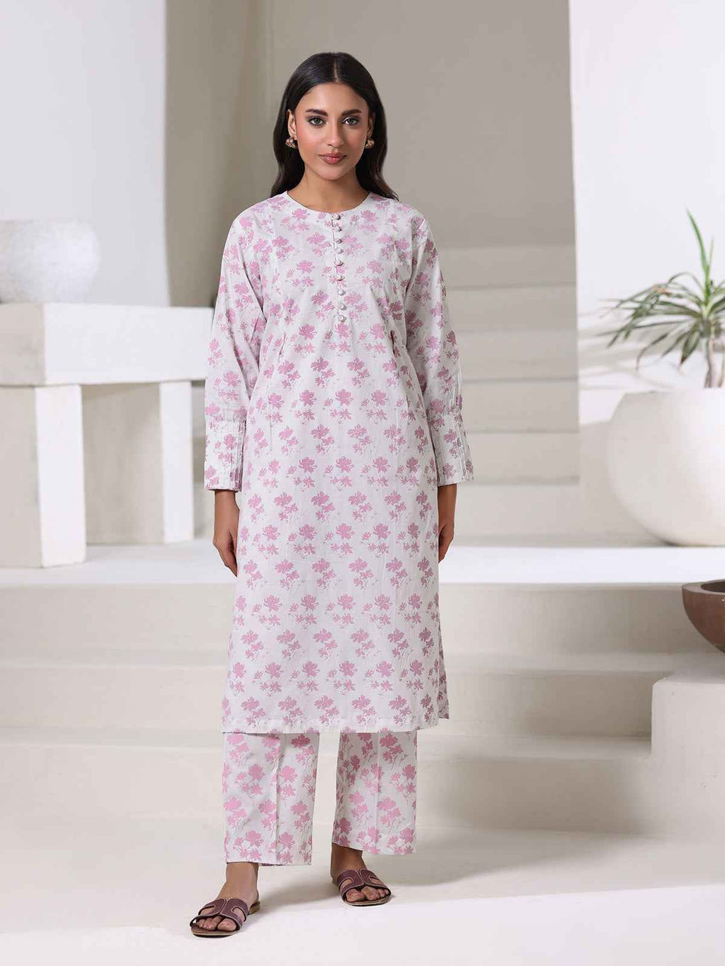 2Pc Screen Print Pret Shirt Trouser Dyed Cambric White & Pink - OW2P-2508013