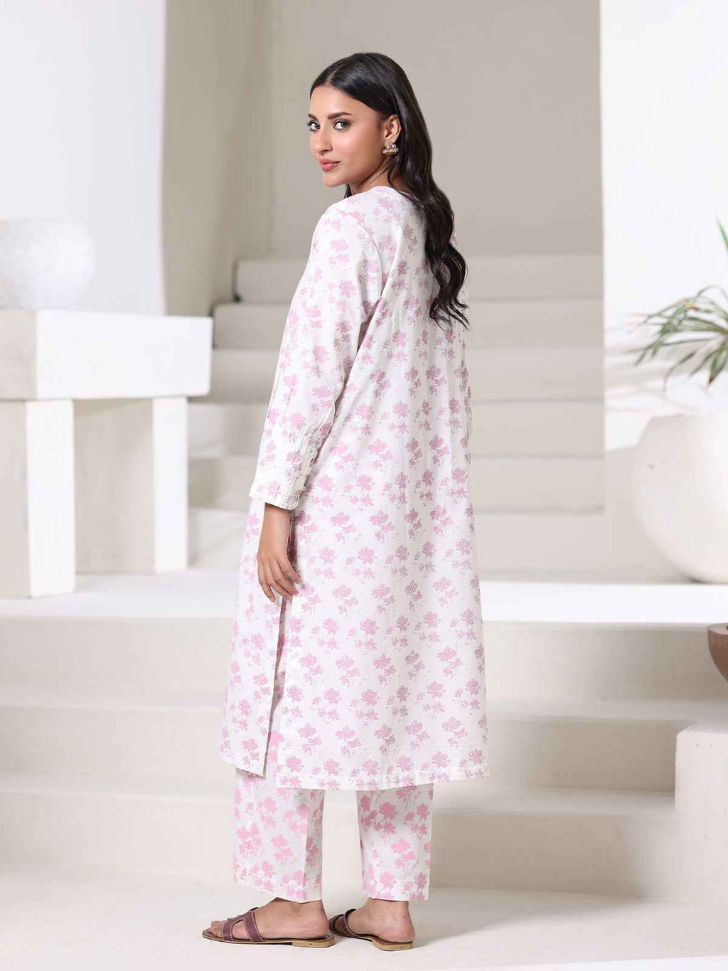 2Pc Screen Print Pret Shirt Trouser Dyed Cambric White & Pink - OW2P-2508013
