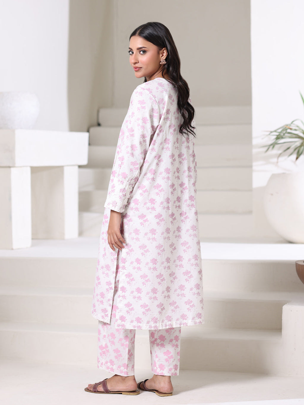 2Pc Screen Print Pret Shirt Trouser Dyed Cambric White & Pink - OW2P-2508013