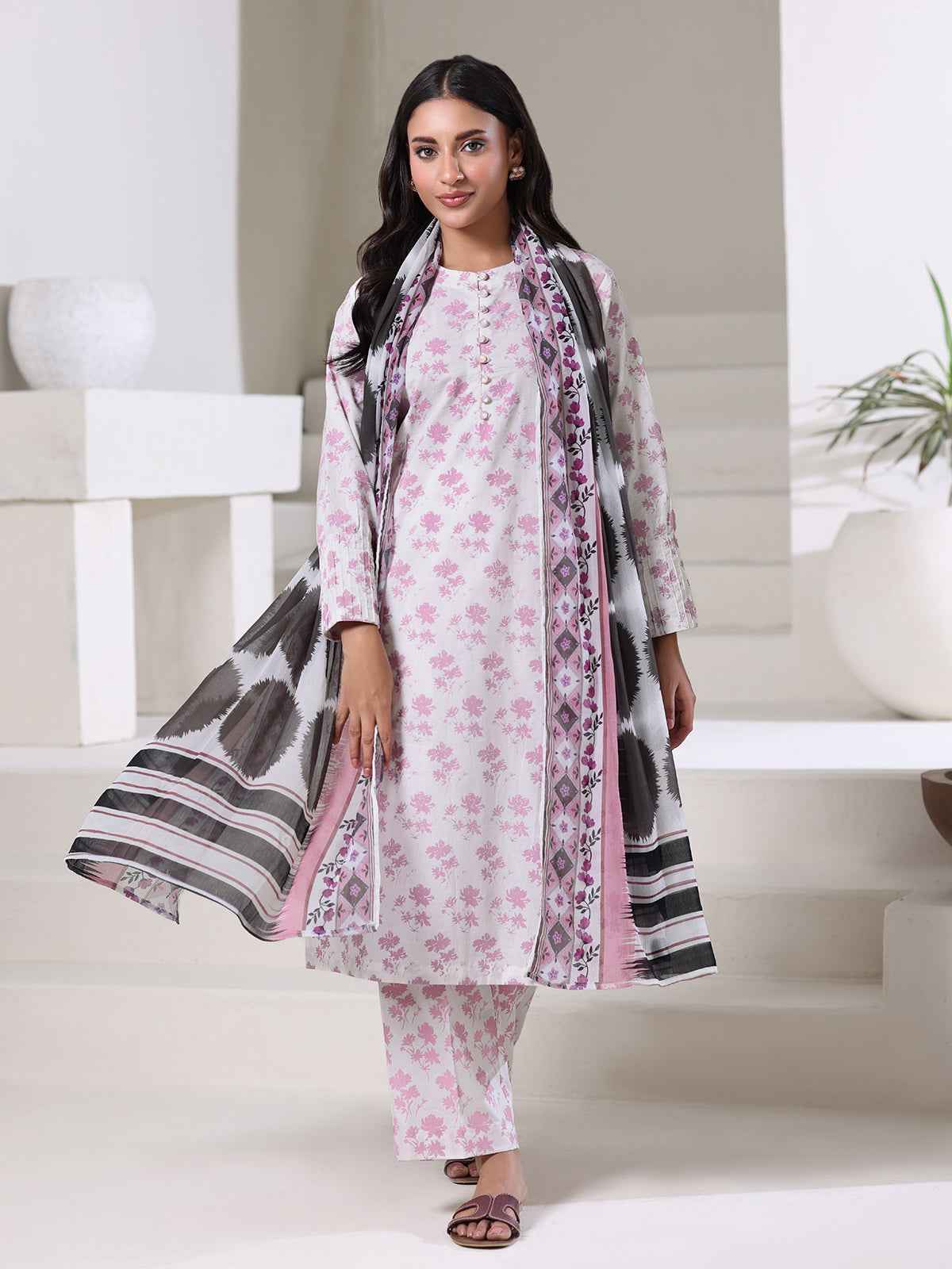 3Pc Screen Print Pret Suit Dyed Cambric White & Pink - OW3P-2508013