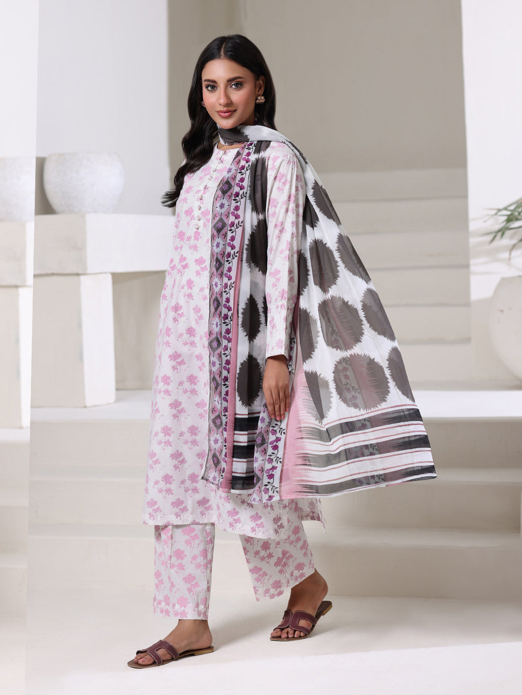 3Pc Screen Print Pret Suit Dyed Cambric White & Pink - OW3P-2508013