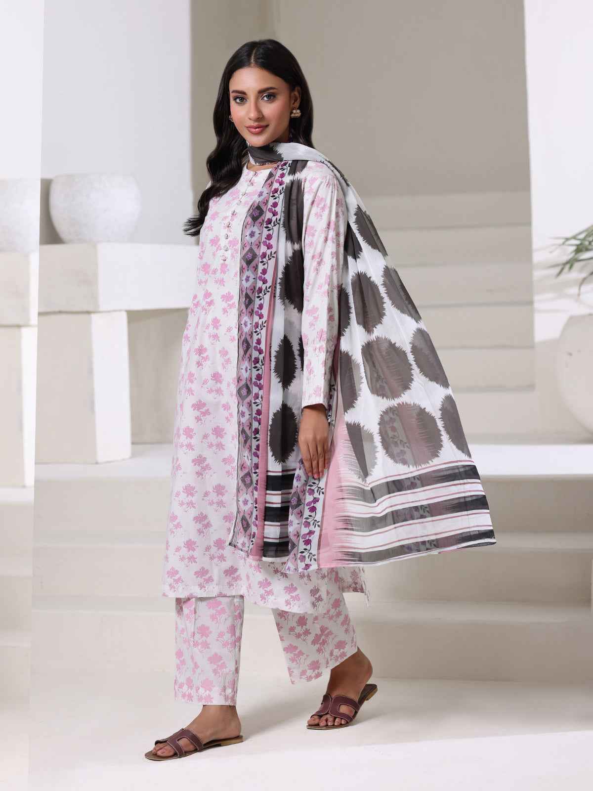 3Pc Screen Print Pret Suit Dyed Cambric White & Pink - OW3P-2508013