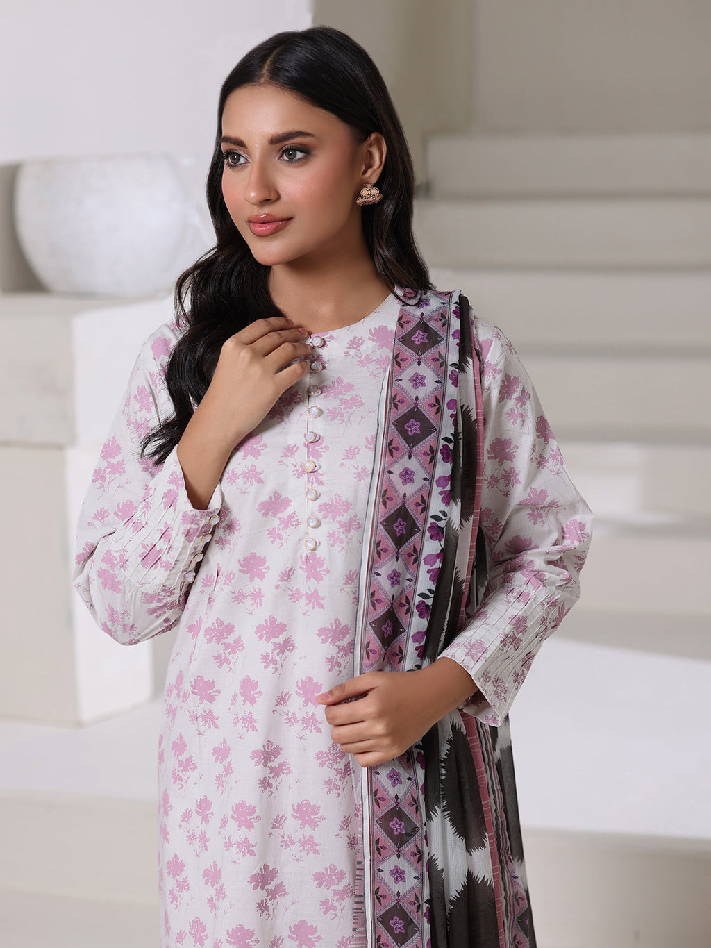 3Pc Screen Print Pret Suit Dyed Cambric White & Pink - OW3P-2508013