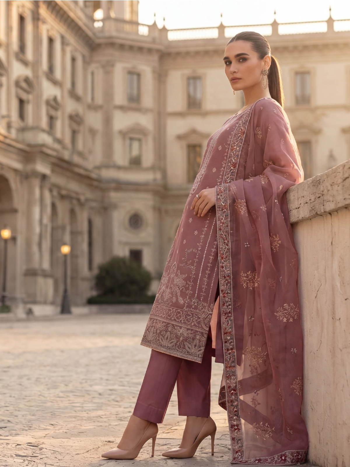 WIJDAN DHAMAK Premium Bana Dora Embroidered Suit – Dusty Rose