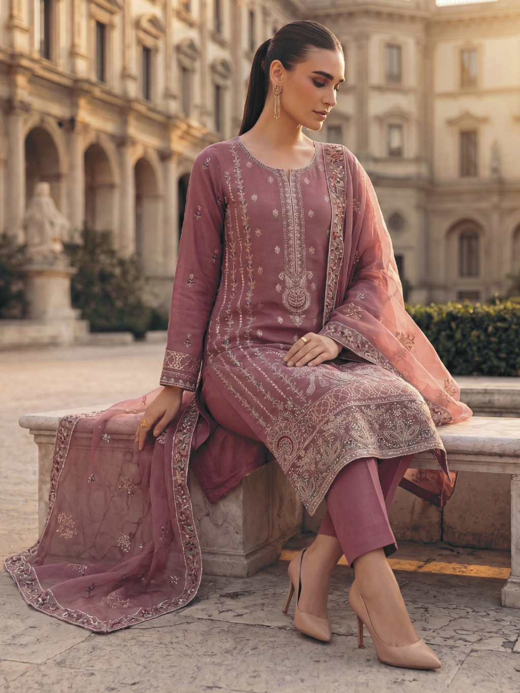 WIJDAN DHAMAK Premium Bana Dora Embroidered Suit – Dusty Rose