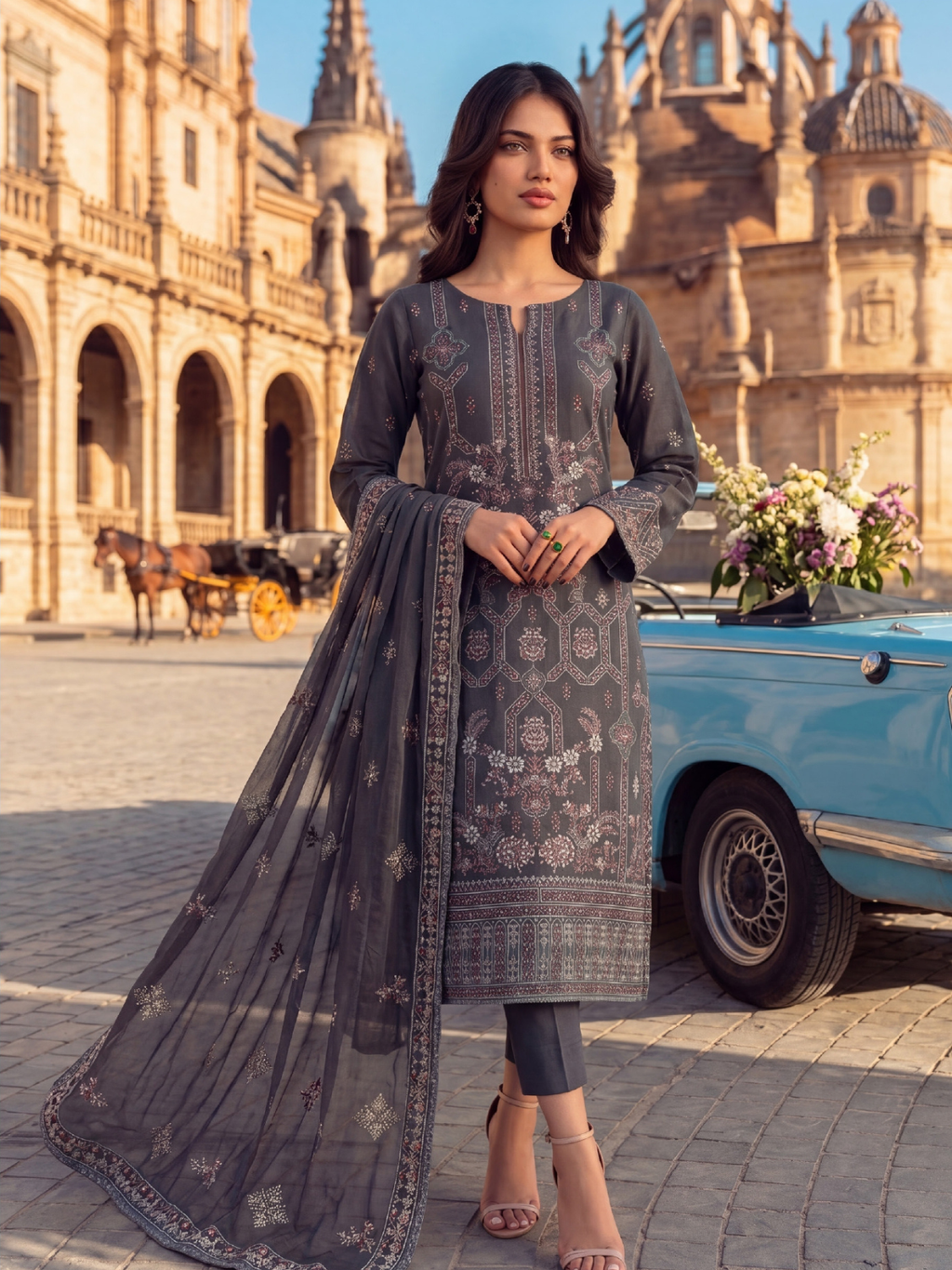 WIJDAN DHAMAK Premium Bana Dora Embroidered Suit – Dark Grey