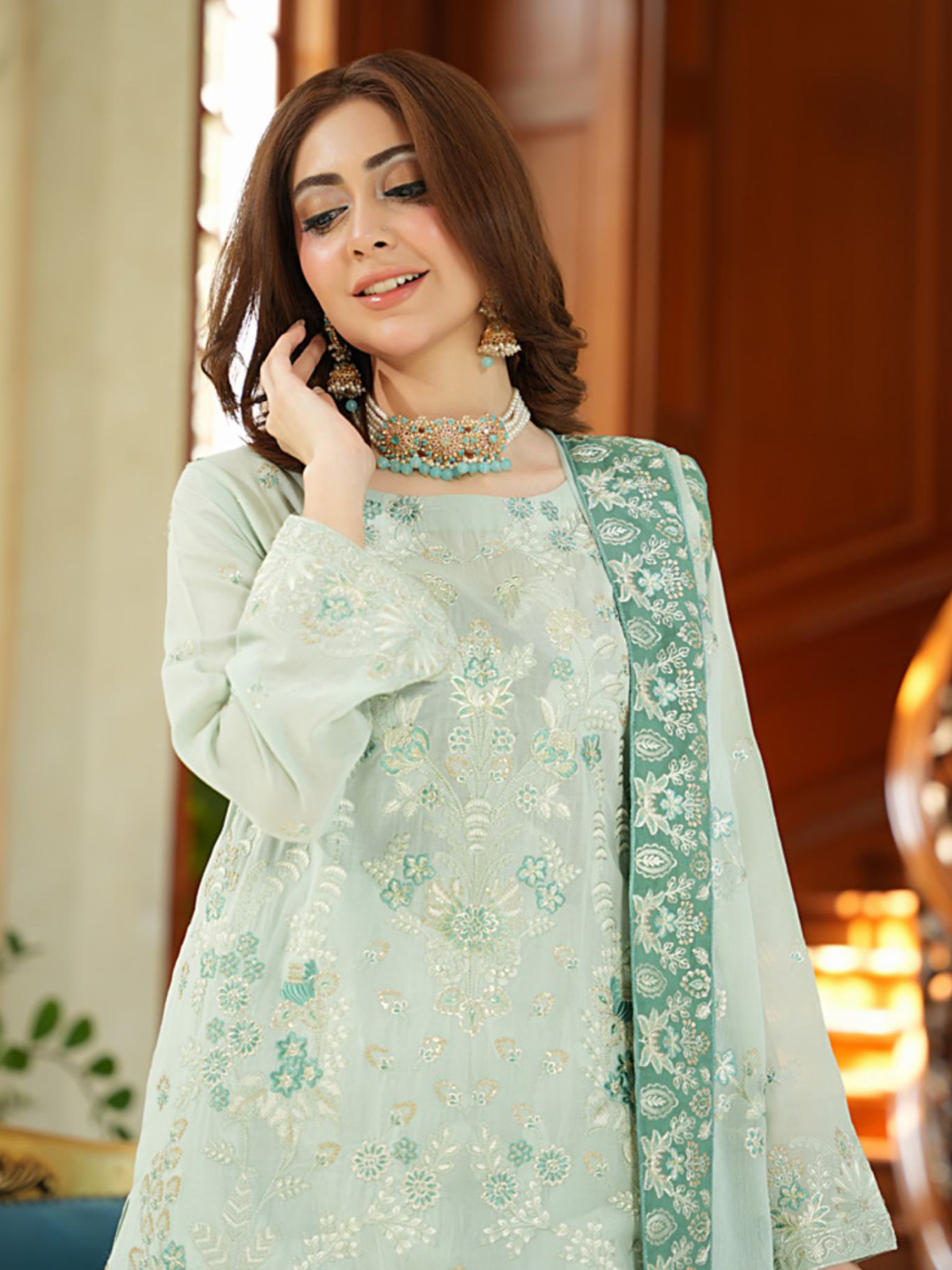 WIJDAN Exclusive Swiss Gold Embroidered Lawn Suit - Mint Green