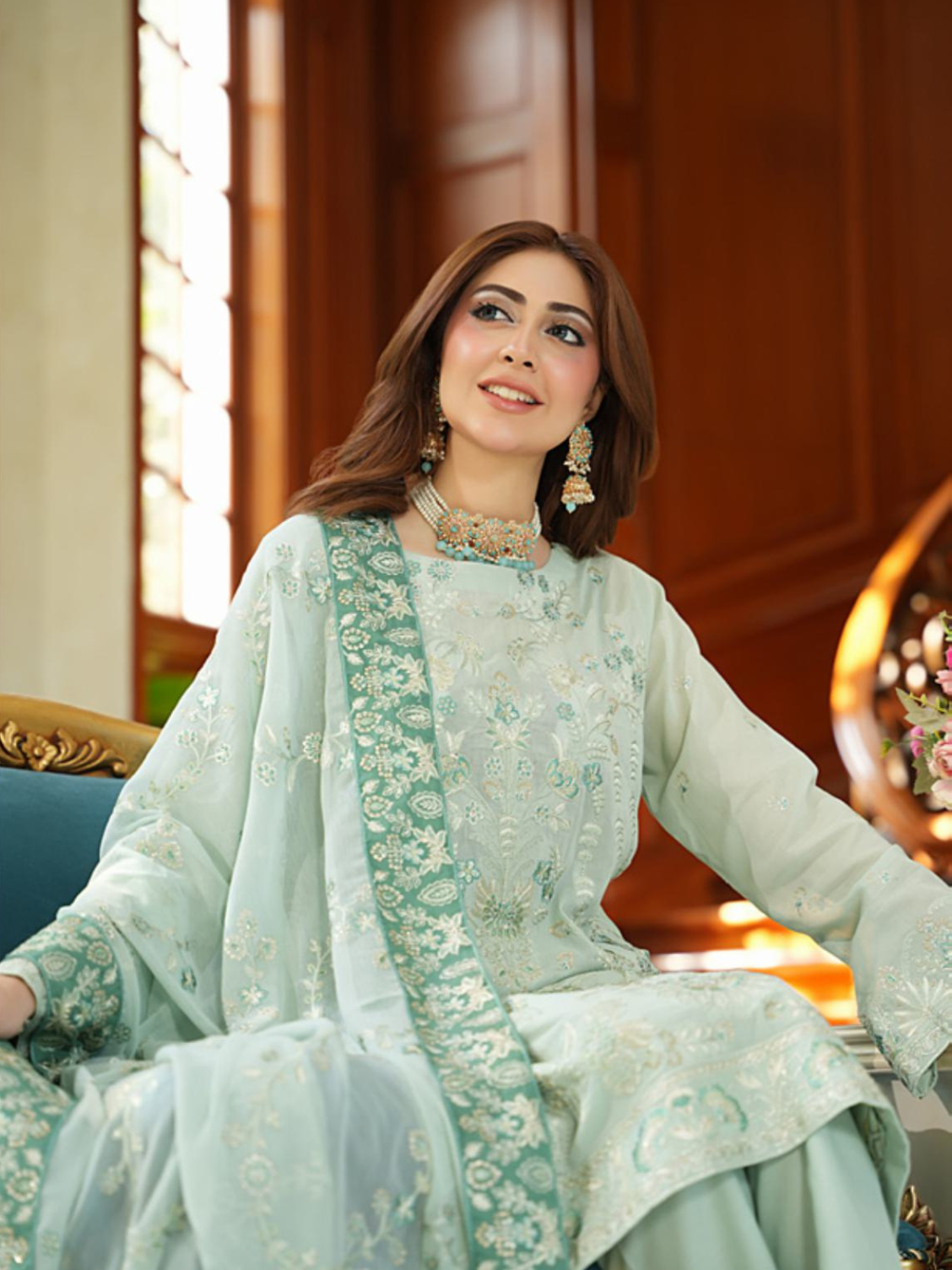 WIJDAN Exclusive Swiss Gold Embroidered Lawn Suit - Mint Green
