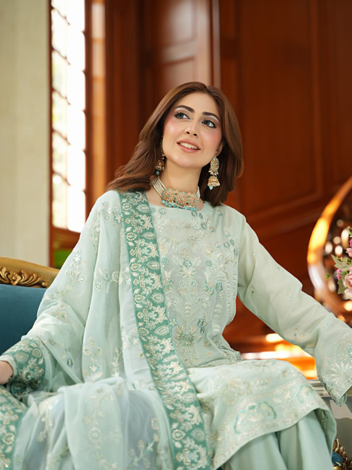 WIJDAN Exclusive Swiss Gold Embroidered Lawn Suit - Mint Green