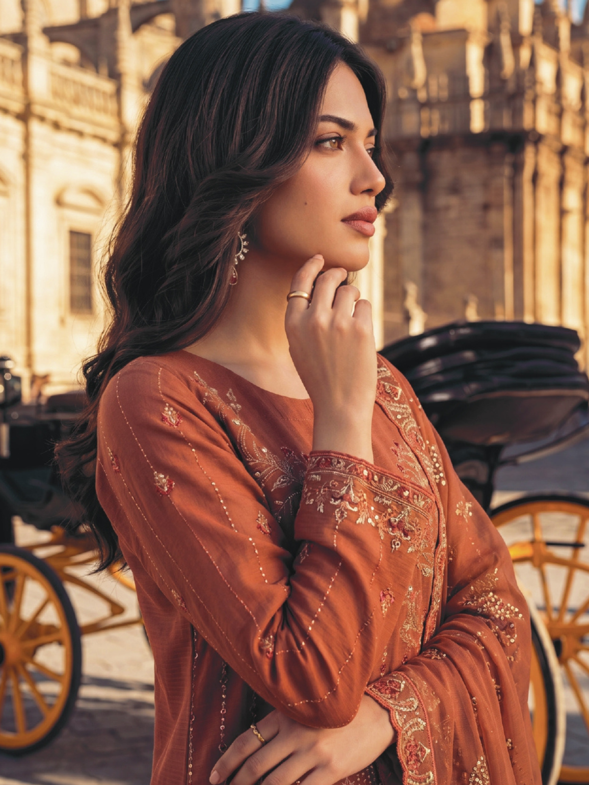 WIJDAN DHAMAK Premium Bana Dora Embroidered Suit – Rust Orange