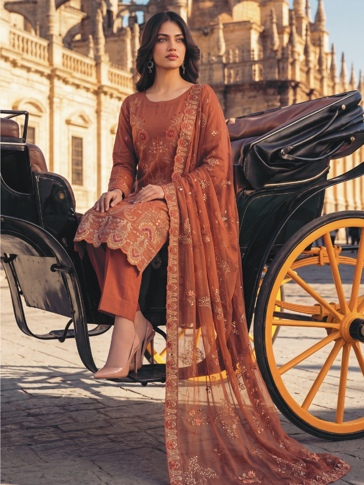 WIJDAN DHAMAK Premium Bana Dora Embroidered Suit – Rust Orange