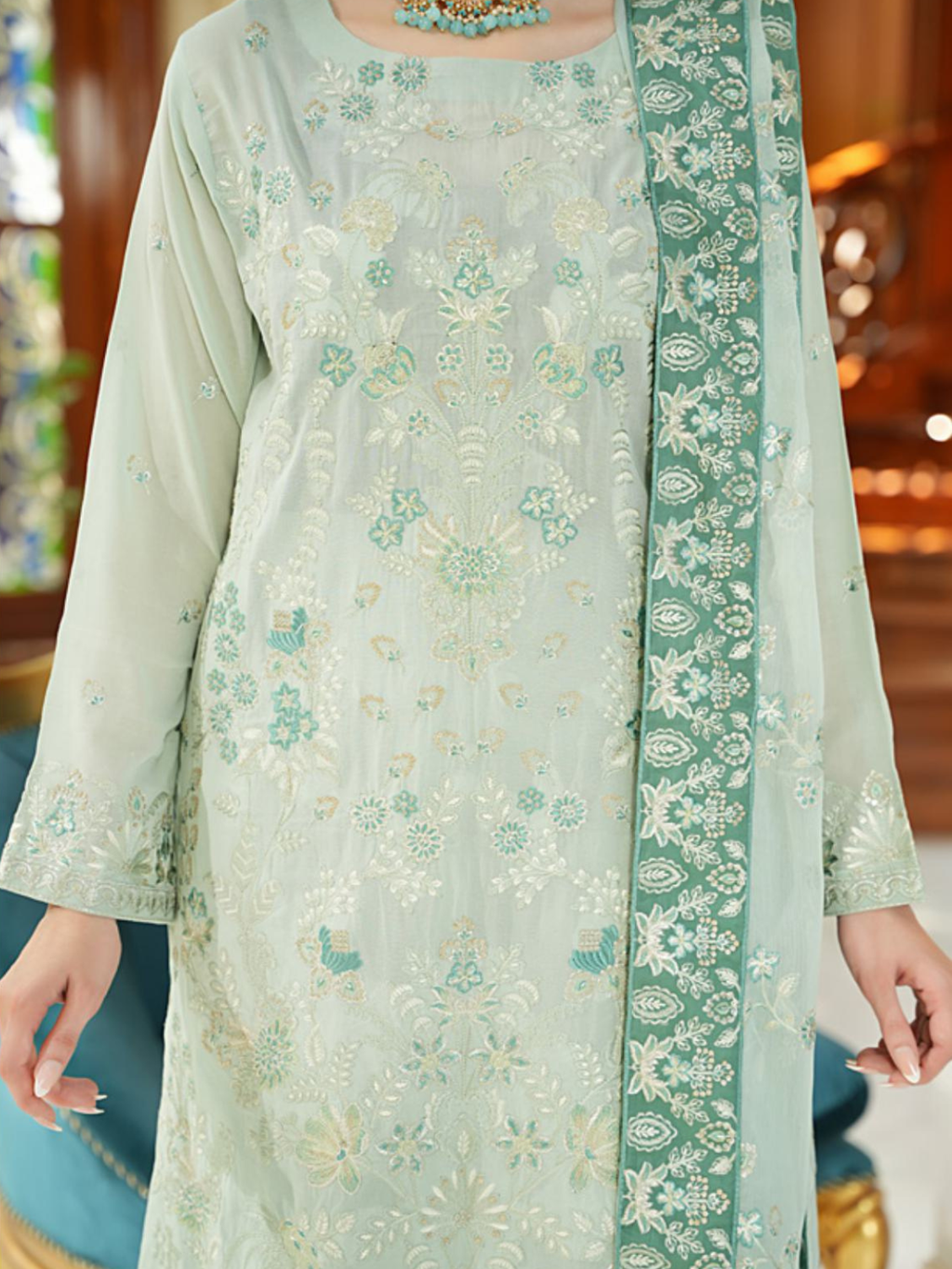 WIJDAN Exclusive Swiss Gold Embroidered Lawn Suit - Mint Green