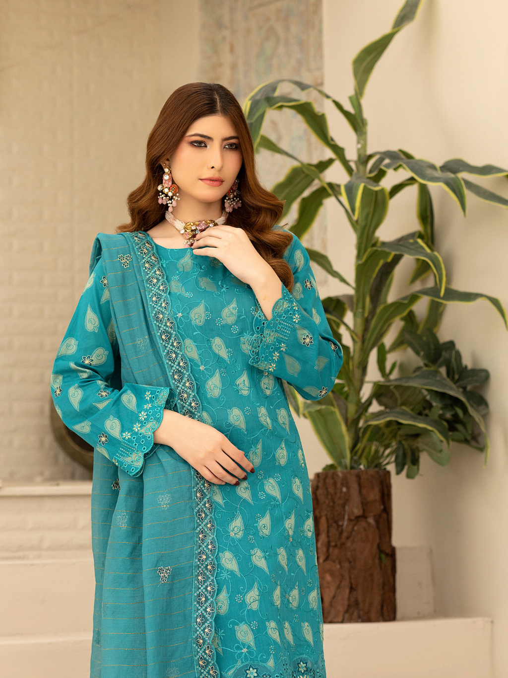 Wijdan Zarqash Gold Aqua Charm Embroidered Lawn Suit