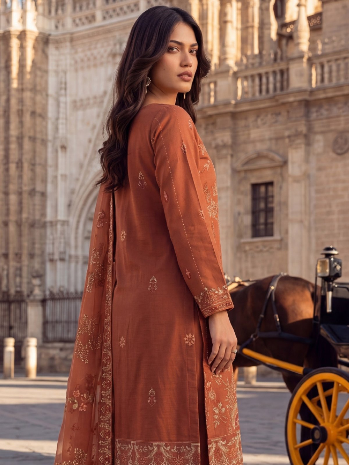 WIJDAN DHAMAK Premium Bana Dora Embroidered Suit – Rust Orange