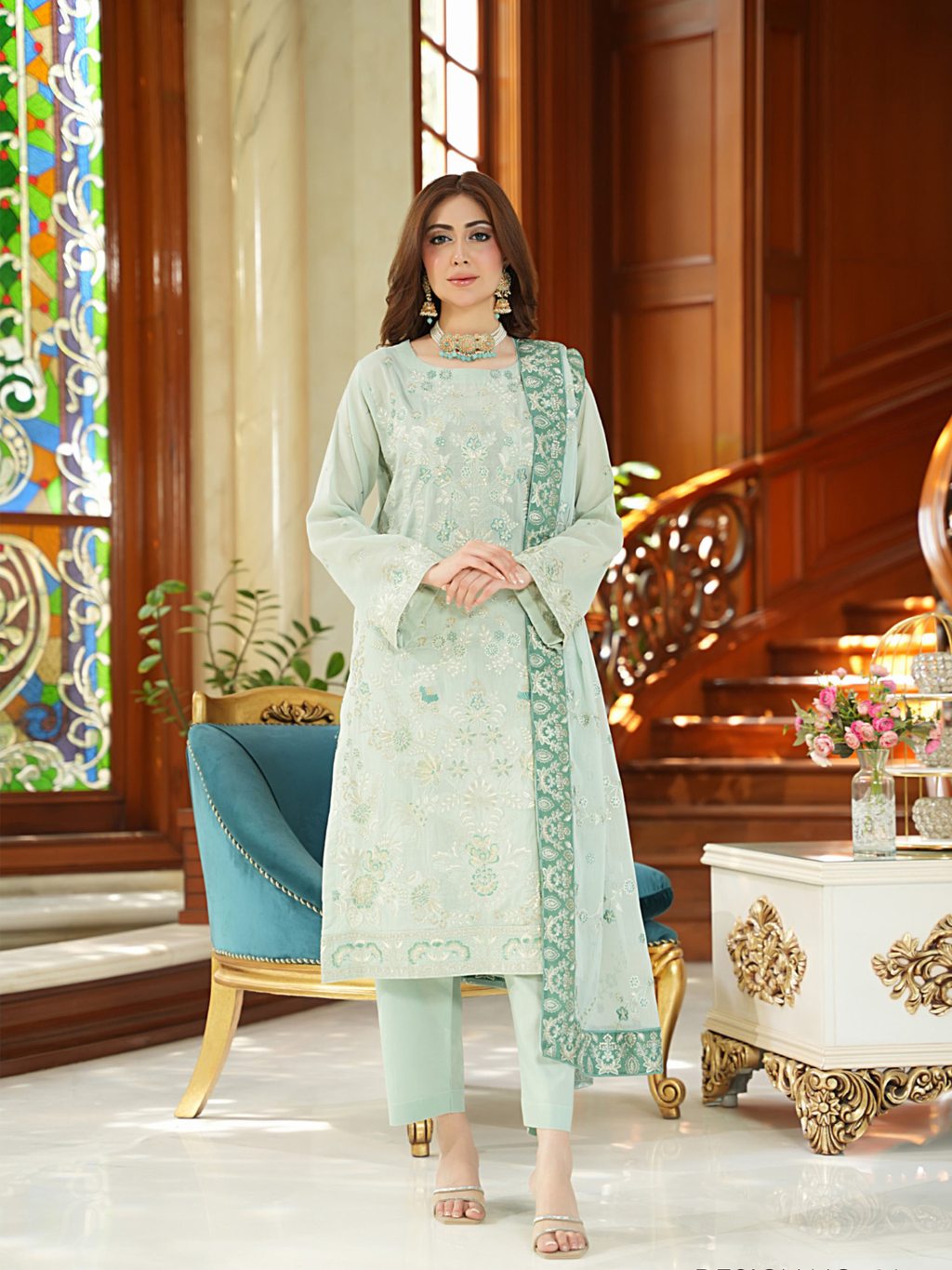 WIJDAN Exclusive Swiss Gold Embroidered Lawn Suit - Mint Green