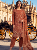WIJDAN DHAMAK Premium Bana Dora Embroidered Suit – Rust Orange