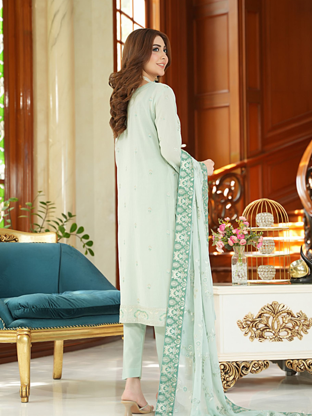WIJDAN Exclusive Swiss Gold Embroidered Lawn Suit - Mint Green