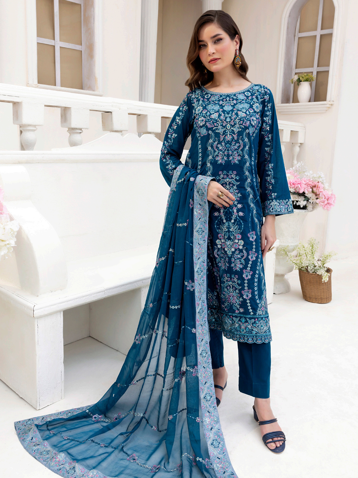 Sobia Mir Teal Blue Premium Festive Embroidered Suit