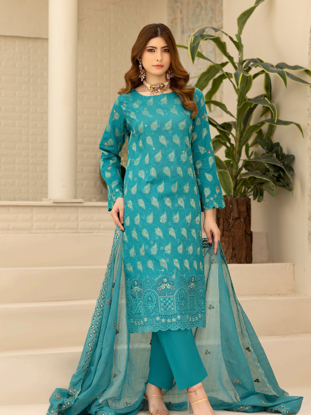 Wijdan Zarqash Gold Aqua Charm Embroidered Lawn Suit