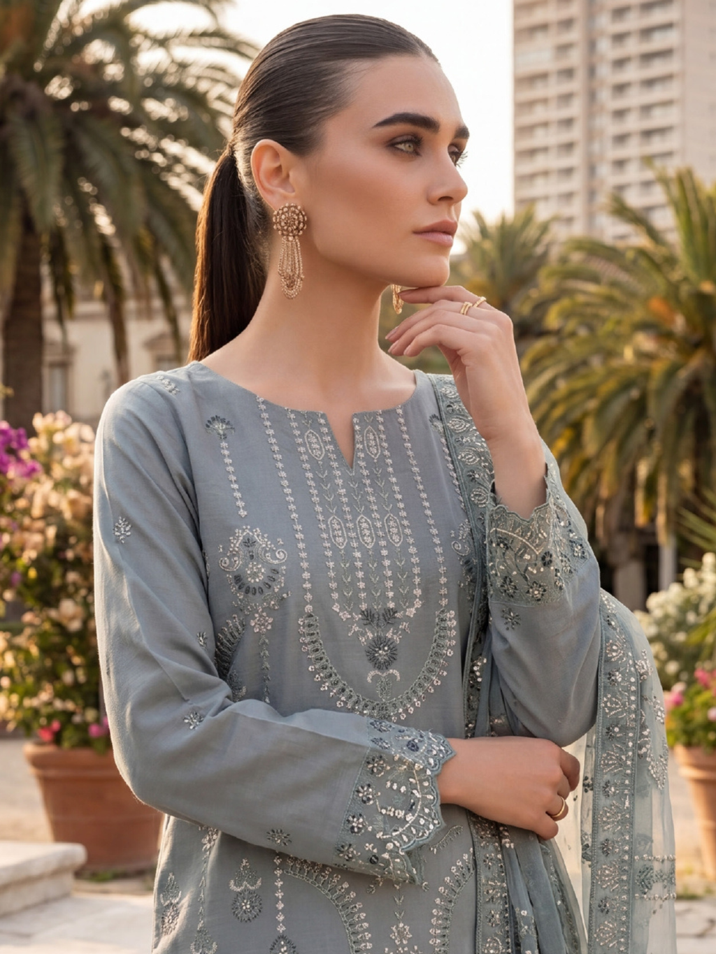 WIJDAN DHAMAK Premium Bana Dora Embroidered Suit – Mist Grey