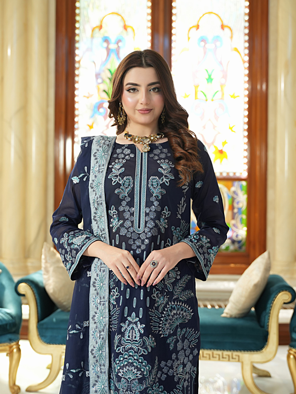 WIJDAN Exclusive Swiss Gold Embroidered Lawn Suit – Navy Blue