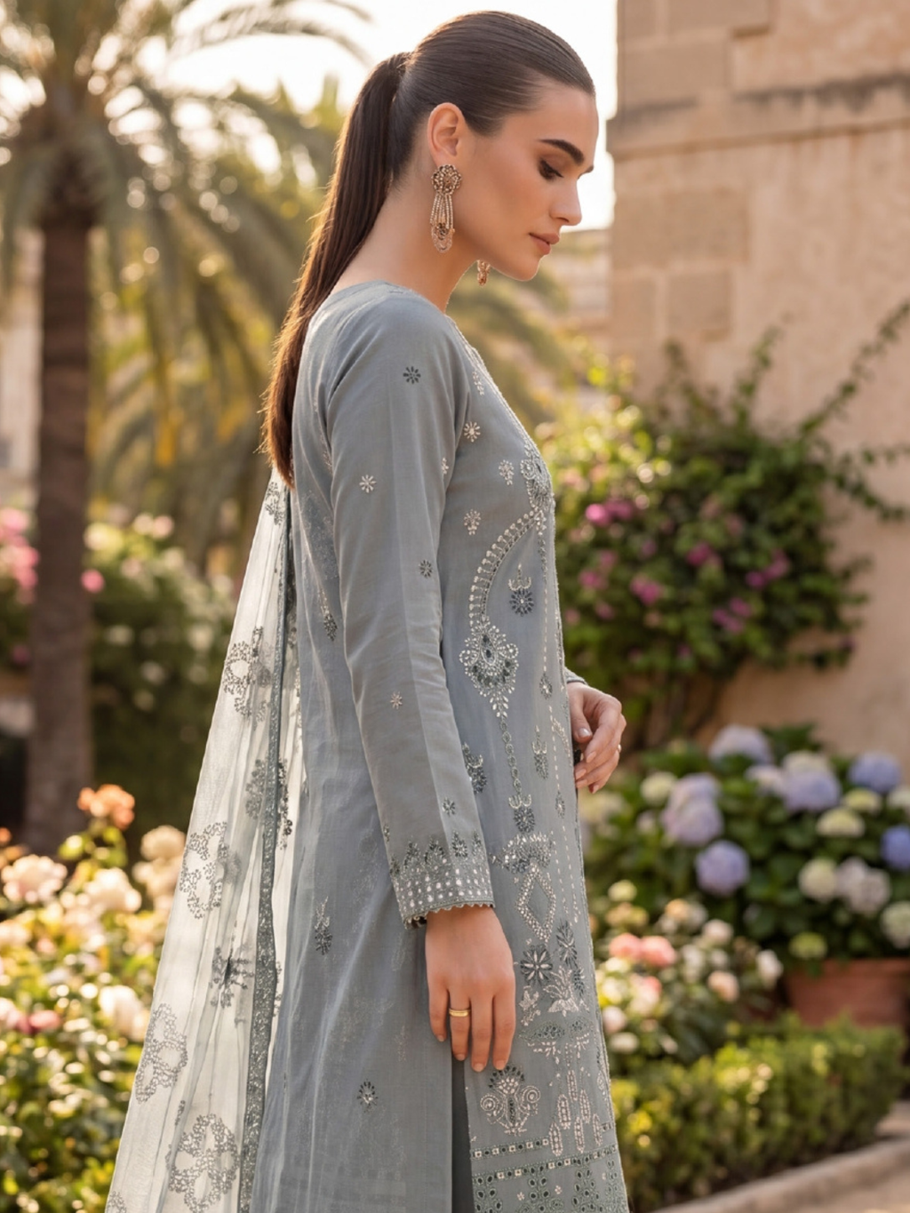 WIJDAN DHAMAK Premium Bana Dora Embroidered Suit – Mist Grey