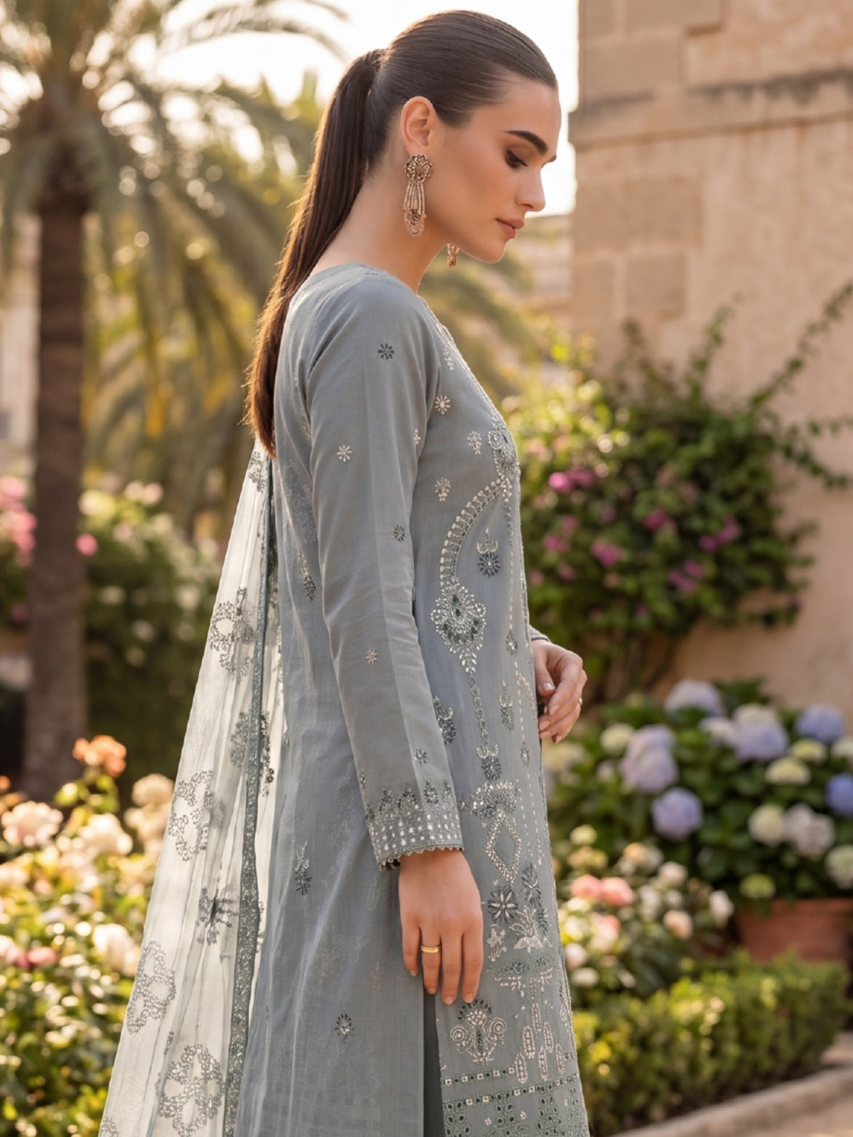 WIJDAN DHAMAK Premium Bana Dora Embroidered Suit – Mist Grey
