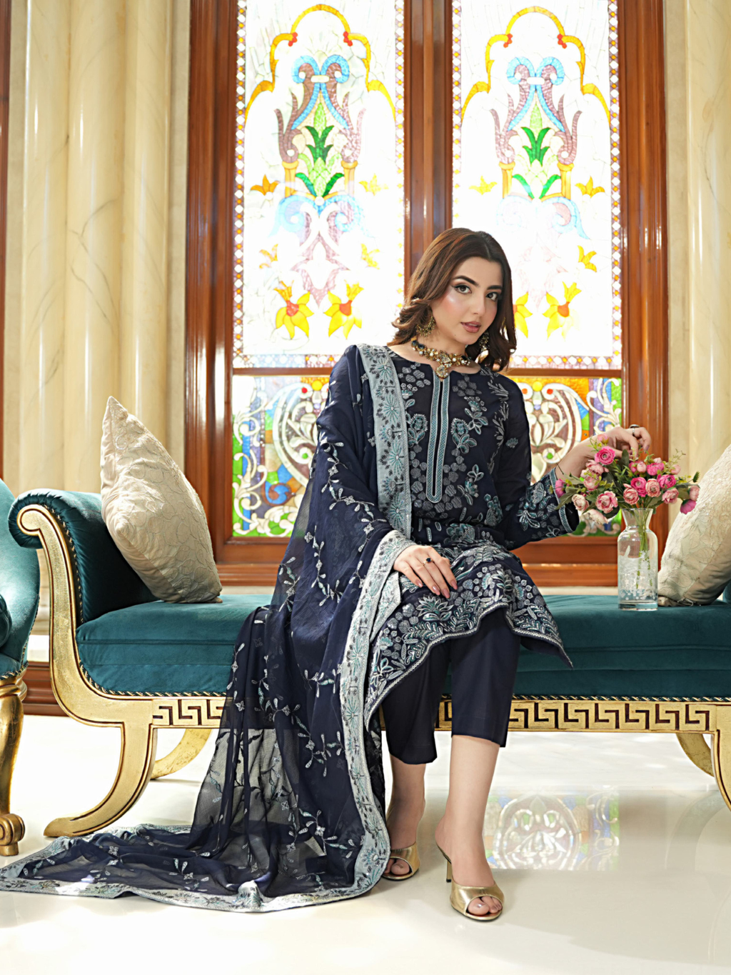 WIJDAN Exclusive Swiss Gold Embroidered Lawn Suit – Navy Blue