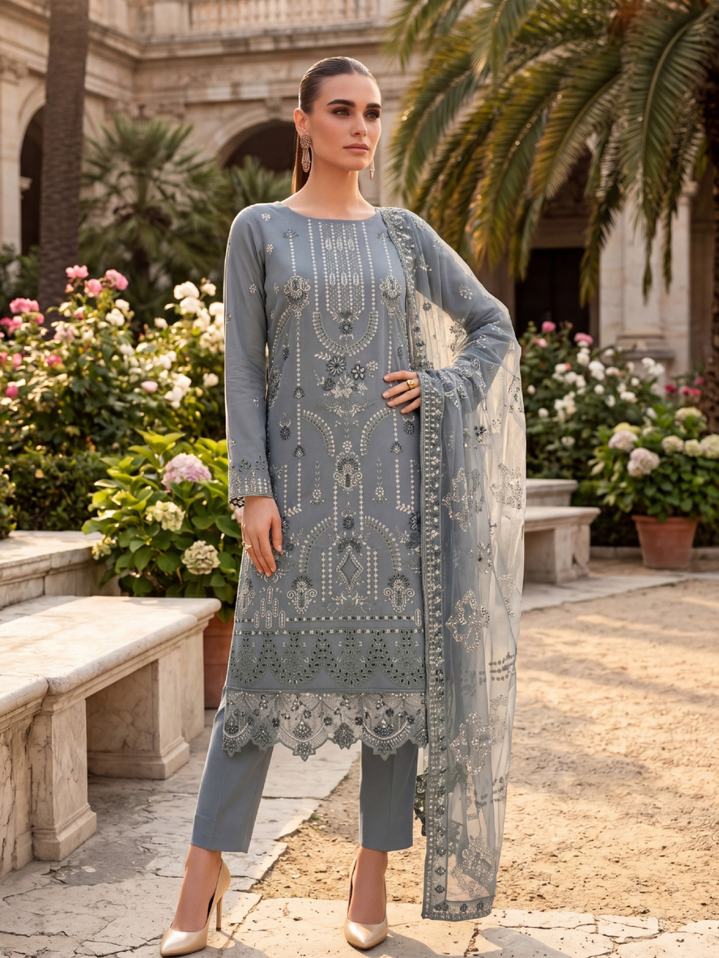 WIJDAN DHAMAK Premium Bana Dora Embroidered Suit – Mist Grey