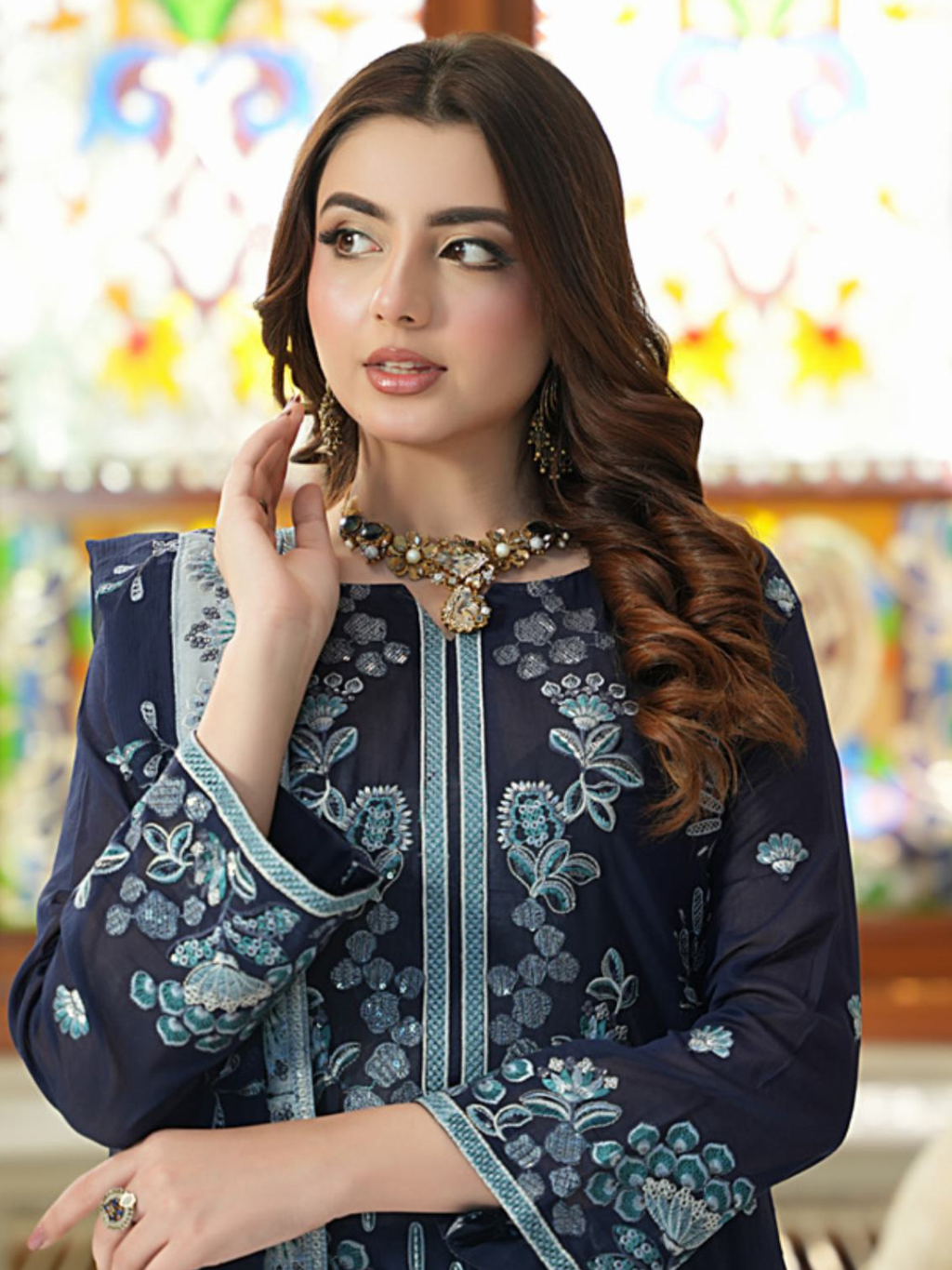 WIJDAN Exclusive Swiss Gold Embroidered Lawn Suit – Navy Blue